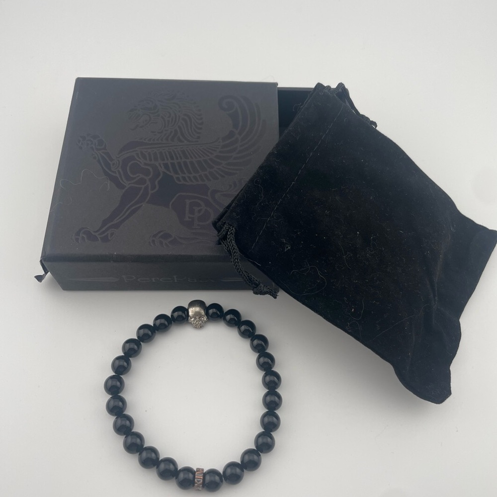 PerePaix Black Bead Skull Bracelet Stretch Gothic Rocker Mens OS